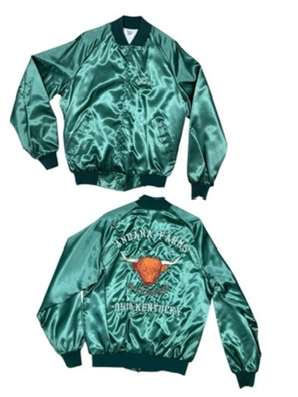 Vintage 70s 80s Green Satin Bomber Starter Jacket Embroidered Bull Farm Medium